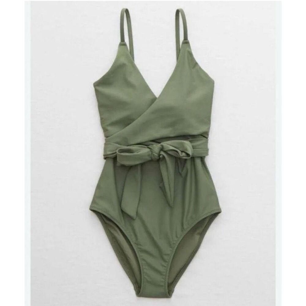 Aerie Wrap One Piece Swimsuit in sage green